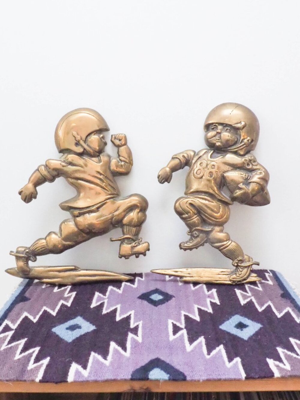 Vtg Brass Football Player Wall Plaques - 70s Decor - Set of 2 - NFL CFL